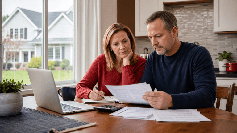 A middle-aged couple reviewing mortgage documents and a household budget at their kitchen table