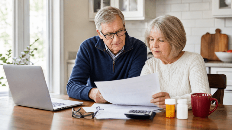 Older American couple reviewing Medicare prescription drug plan papers at their kitchen table