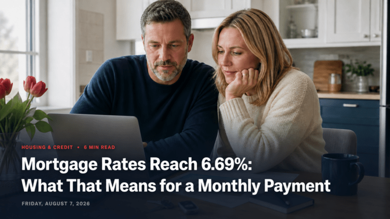 American couple reviewing mortgage costs beneath a headline about the 6.69% average rate