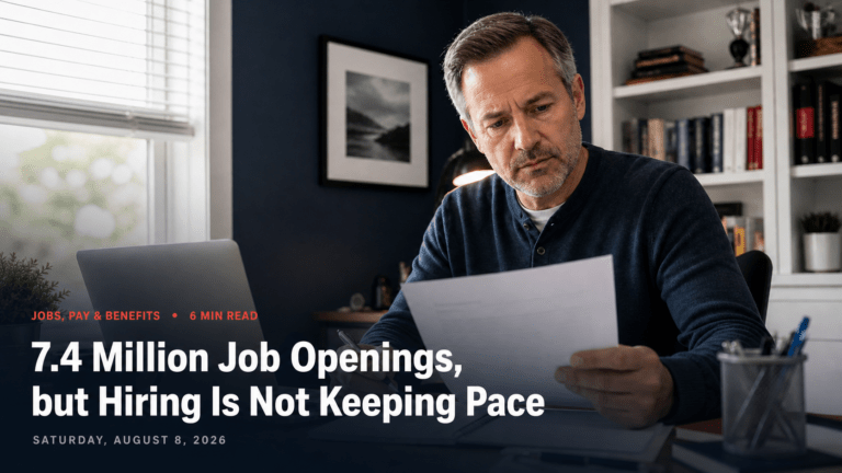 American job seeker reviewing paperwork beneath a headline about 7.4 million job openings