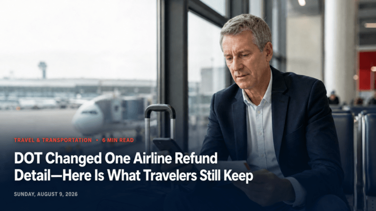 American airline traveler reviewing flight details beneath a headline explaining refund rights