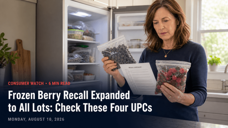 Shopper checking frozen berry packages against a recall list in a home kitchen
