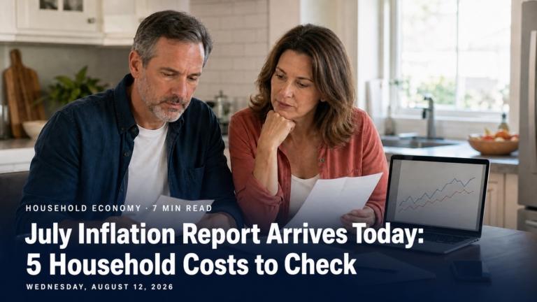 Middle-aged American couple reviewing household bills before the July inflation report
