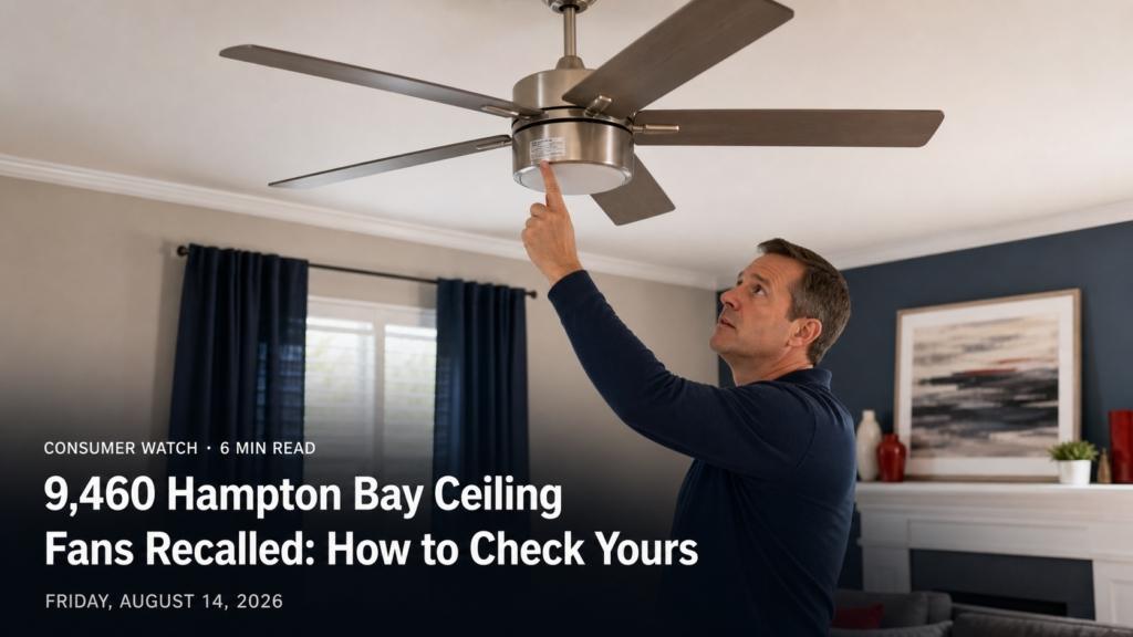 Homeowner safely checking a ceiling fan model after a Hampton Bay recall