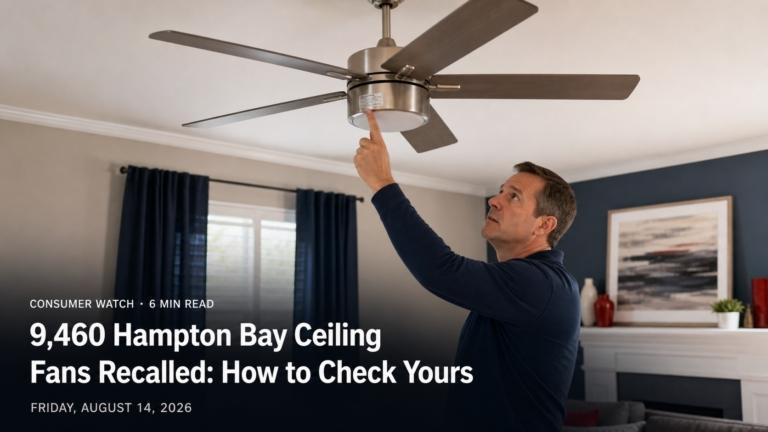 Homeowner safely checking a ceiling fan model after a Hampton Bay recall
