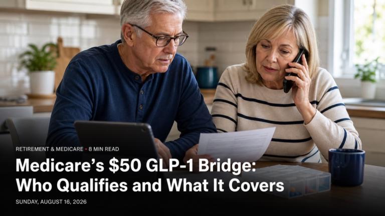 Medicare-age couple reviewing GLP-1 coverage paperwork with a healthcare provider