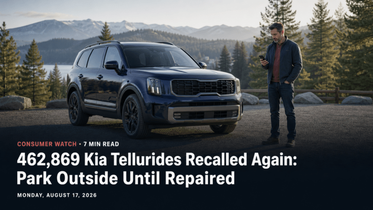 Telluride-style SUV parked outdoors while its owner checks a recall notice on a smartphone