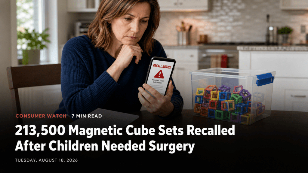 Parent safely securing magnetic building cubes while reviewing a product recall notice