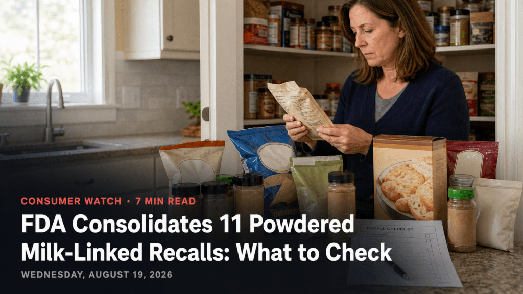 Adult checking lot codes on pantry foods linked to a powdered milk recall