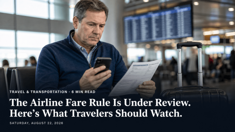 Traveler comparing an airline fare and printed itinerary at an airport