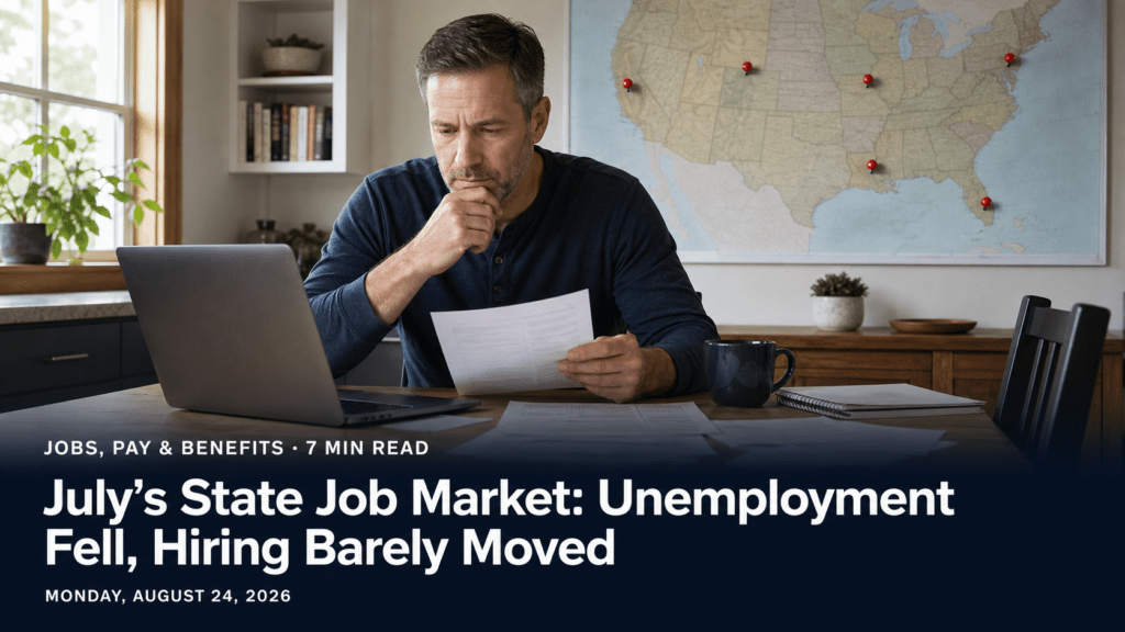 A middle-aged job seeker reviewing job listings at home with a map of the United States behind him