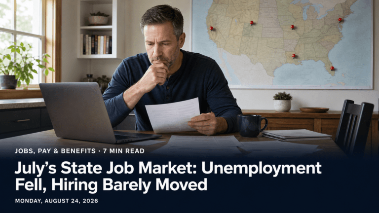 A middle-aged job seeker reviewing job listings at home with a map of the United States behind him