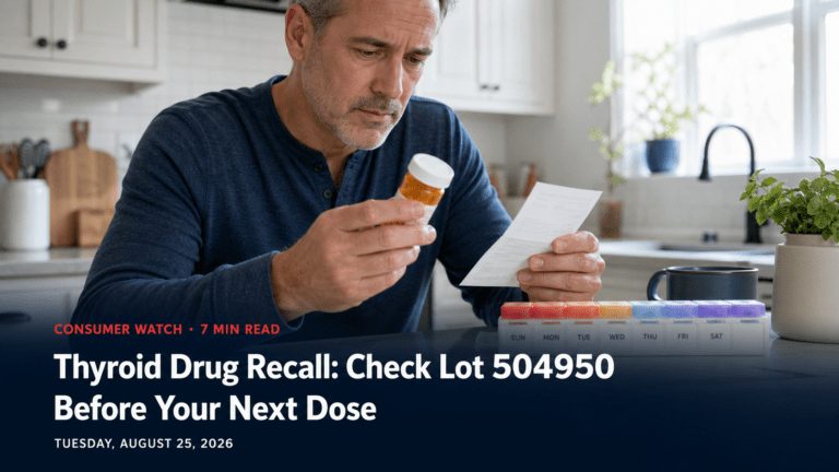 A middle-aged patient checking a prescription bottle and pharmacy receipt at a kitchen counter