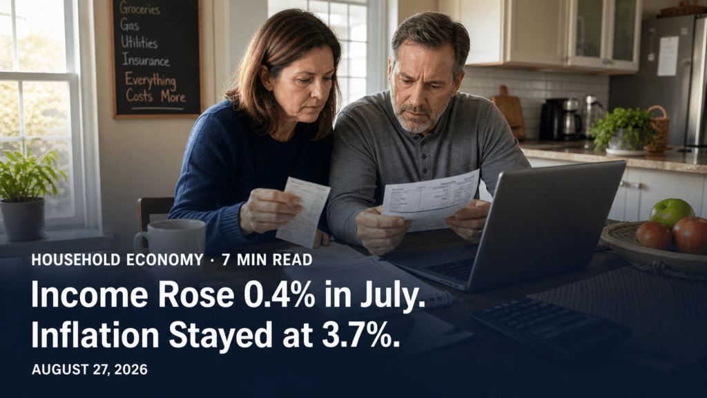 A middle-aged couple reviewing household bills and income at their kitchen table