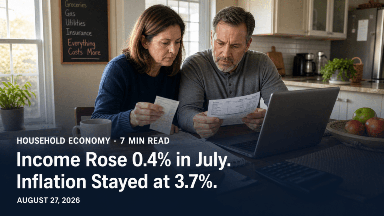 A middle-aged couple reviewing household bills and income at their kitchen table