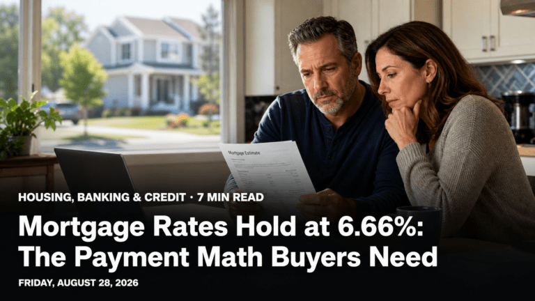 A middle-aged couple reviewing a mortgage estimate at their kitchen table