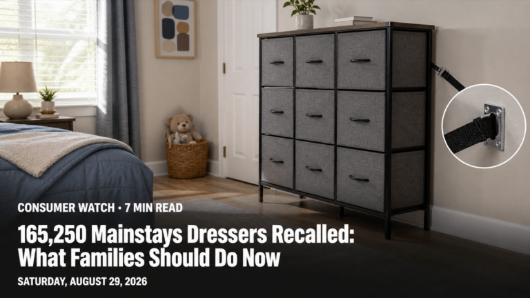 A nine-drawer fabric dresser secured to a bedroom wall with an anchor strap