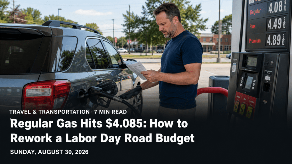 A driver refueling a family SUV while reviewing a road-trip budget